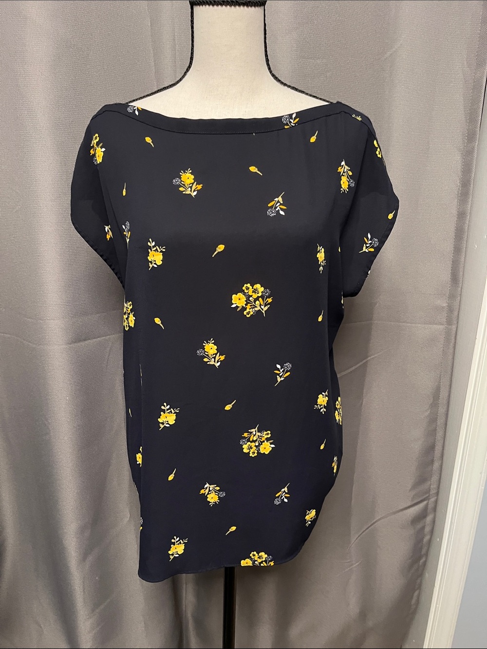LOFT Navy Floral Boatneck Blouse with Yellow Accents